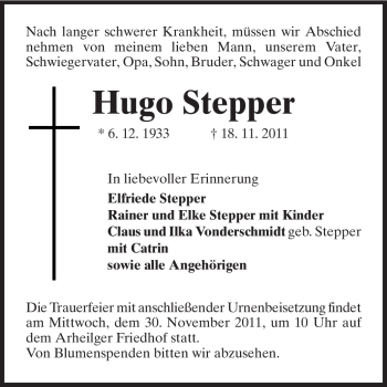 Traueranzeige von Hugo Stepper von Darmstädter Echo, Odenwälder Echo, Rüsselsheimer Echo, Groß-Gerauer-Echo, Ried Echo