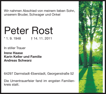 Traueranzeige von Peter Rost von Echo-Zeitungen (Gesamtausgabe)