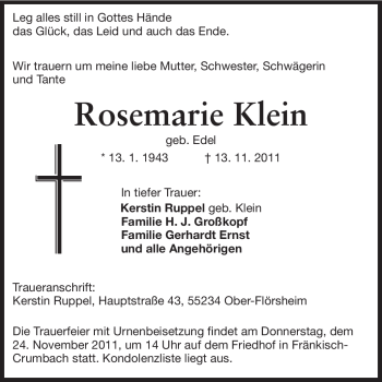 Traueranzeige von Rosemarie Klein von Odenwälder Echo