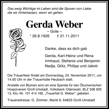 Traueranzeige von Gerda Weber von Echo-Zeitungen (Gesamtausgabe)