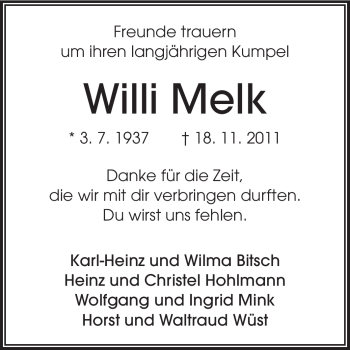Traueranzeige von Willi Melk von Echo-Zeitungen (Gesamtausgabe)