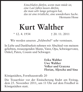 Traueranzeige von Kurt Walther von Rüsselsheimer Echo, Groß-Gerauer-Echo, Ried Echo