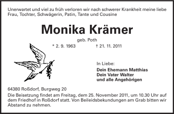 Traueranzeige von Monika Krämer von Echo-Zeitungen (Gesamtausgabe)
