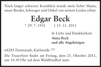 Traueranzeige von Edgar Beck von Echo-Zeitungen (Gesamtausgabe)