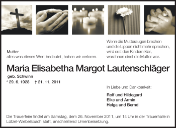 Traueranzeige von Maria Elisabetha Margot Lautenschläger von Odenwälder Echo