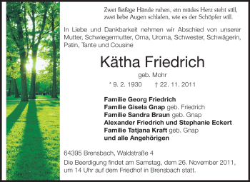 Traueranzeige von Kätha Friedrich von Echo-Zeitungen (Gesamtausgabe)