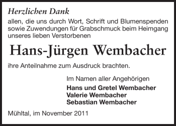Traueranzeige von Hans-Jürgen Wembach von Echo-Zeitungen (Gesamtausgabe)