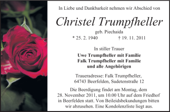 Traueranzeige von Christel Trumpfheller von Odenwälder Echo