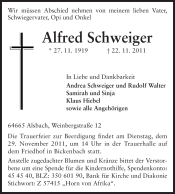 Traueranzeige von Alfred Schweiger von Echo-Zeitungen (Gesamtausgabe)