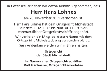 Traueranzeige von Hans Lohnes von Odenwälder Echo