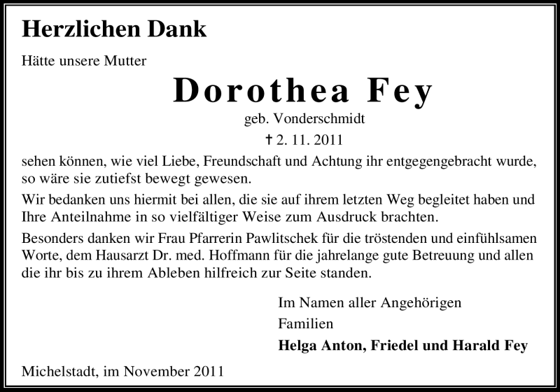  Traueranzeige für Dorothea Fey vom 25.11.2011 aus Odenwälder Echo