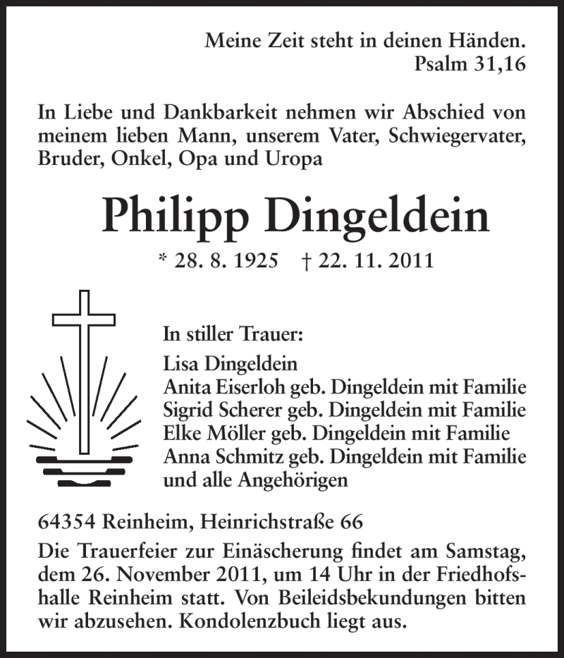  Traueranzeige für Philipp Dingeldein vom 25.11.2011 aus Echo-Zeitungen (Gesamtausgabe)