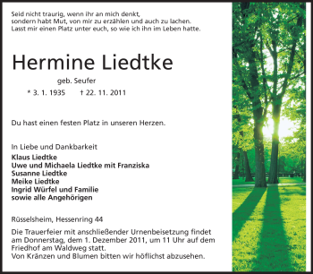 Traueranzeige von Hermine Liedtke von Rüsselsheimer Echo, Groß-Gerauer-Echo, Ried Echo