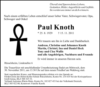 Traueranzeige von Paul Knoth von Rüsselsheimer Echo, Groß-Gerauer-Echo, Ried Echo