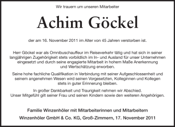 Traueranzeige von Achim Göckel von Echo-Zeitungen (Gesamtausgabe)