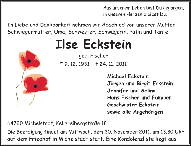  Traueranzeige für Ilse Eckstein vom 26.11.2011 aus Echo-Zeitungen (Gesamtausgabe)
