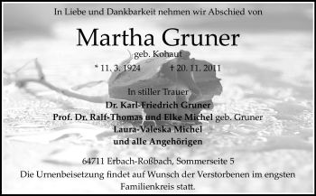 Traueranzeige von Martha Gruner von Odenwälder Echo