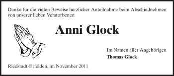 Traueranzeige von Anni Glock von Rüsselsheimer Echo, Groß-Gerauer-Echo, Ried Echo