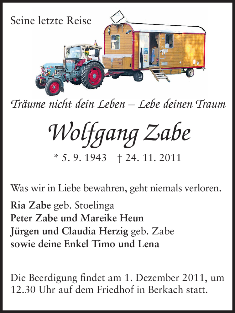  Traueranzeige für Wolfgang Zabe vom 26.11.2011 aus Rüsselsheimer Echo, Groß-Gerauer-Echo, Ried Echo