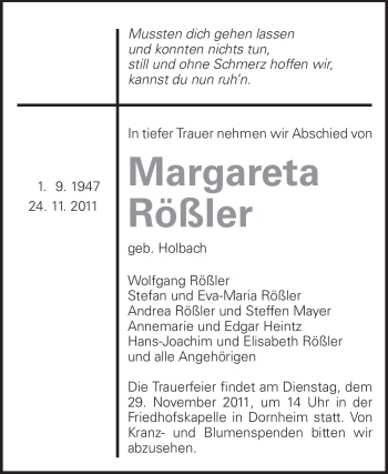 Traueranzeige von Margareta Rößler von Echo-Zeitungen (Gesamtausgabe)