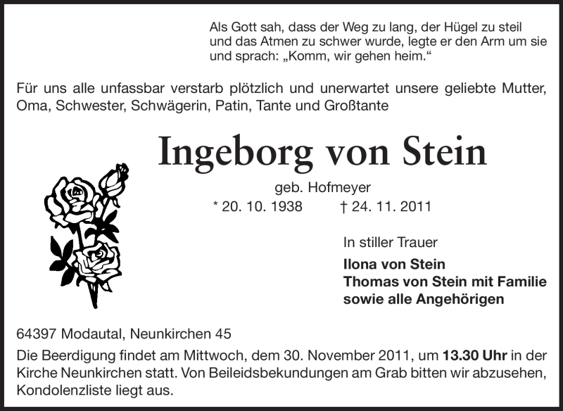  Traueranzeige für Ingeborg von Stein vom 26.11.2011 aus Echo-Zeitungen (Gesamtausgabe)