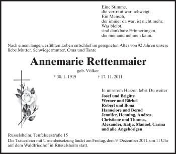 Traueranzeige von Annemarie Rettenmaier von Rüsselsheimer Echo, Groß-Gerauer-Echo, Ried Echo