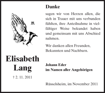 Traueranzeige von Elisabeth Lang von Rüsselsheimer Echo, Groß-Gerauer-Echo, Ried Echo