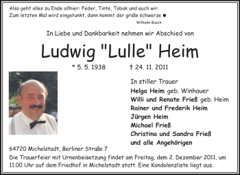 Traueranzeige von Ludwig Heim von Odenwälder Echo