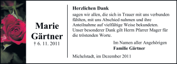 Traueranzeige von Marie Gärtner von Odenwälder Echo