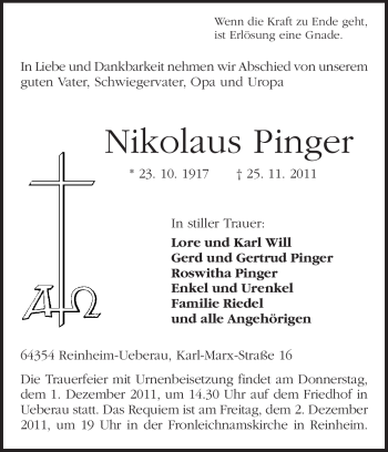 Traueranzeige von Nikolaus Pinger von Darmstädter Echo, Odenwälder Echo, Rüsselsheimer Echo, Groß-Gerauer-Echo, Ried Echo