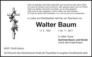 Traueranzeige von Walter Baum von Rüsselsheimer Echo, Groß-Gerauer-Echo, Ried Echo