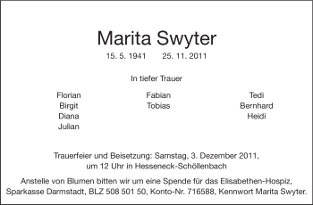 Traueranzeige von Marita Swyter von Echo-Zeitungen (Gesamtausgabe)