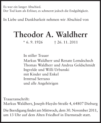 Traueranzeige von Theodor A. Waldherr von Echo-Zeitungen (Gesamtausgabe)