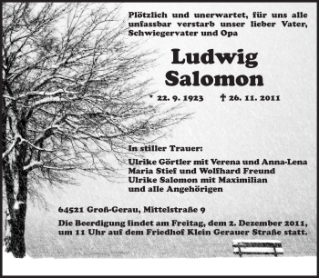Traueranzeige von Ludwig Salomon von Rüsselsheimer Echo, Groß-Gerauer-Echo, Ried Echo