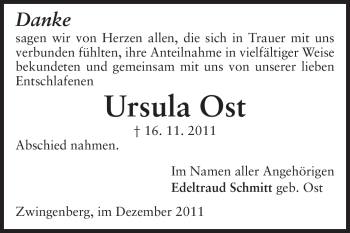 Traueranzeige von Ursula Ost von Echo-Zeitungen (Gesamtausgabe)
