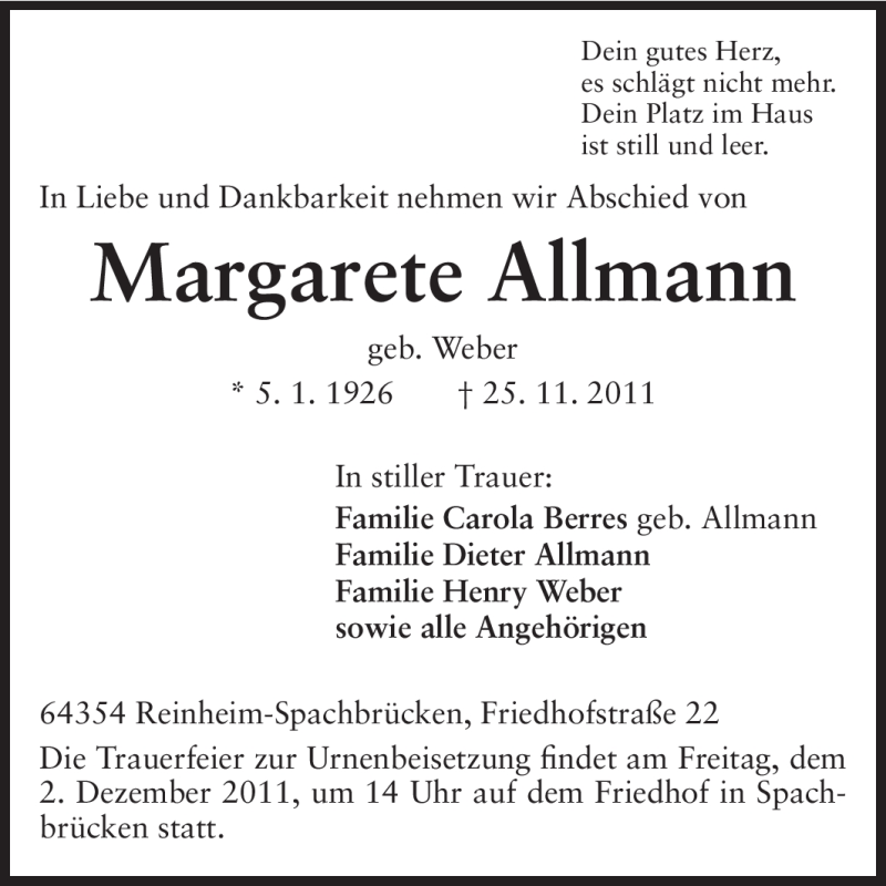  Traueranzeige für Margarete Allmann vom 30.11.2011 aus Darmstädter Echo, Odenwälder Echo, Rüsselsheimer Echo, Groß-Gerauer-Echo, Ried Echo