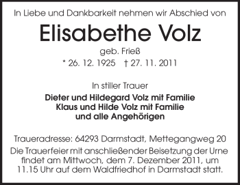 Traueranzeige von Elisabethe Volz von Echo-Zeitungen (Gesamtausgabe)