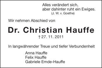 Traueranzeige von Christian Hauffe von Darmstädter Echo, Odenwälder Echo, Rüsselsheimer Echo, Groß-Gerauer-Echo, Ried Echo