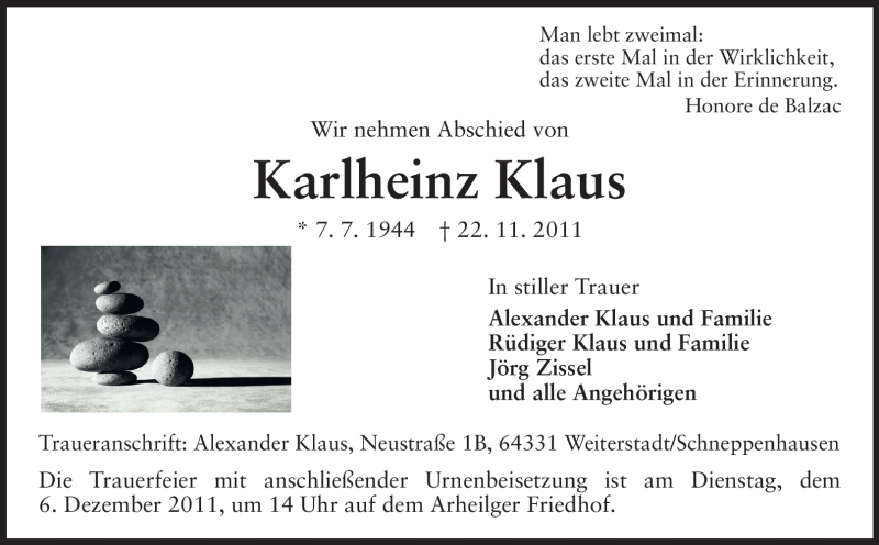  Traueranzeige für Karlheinz Klaus vom 30.11.2011 aus Echo-Zeitungen (Gesamtausgabe)