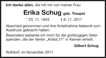 Traueranzeige von Erika Schug von Echo-Zeitungen (Gesamtausgabe)