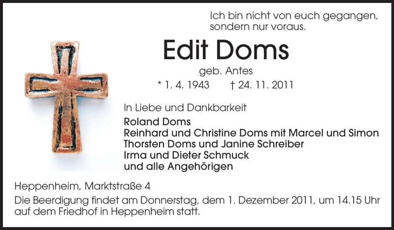  Traueranzeige für Edit Doms vom 29.11.2011 aus Starkenburger Echo