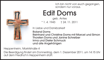 Traueranzeige von Edit Doms von Starkenburger Echo