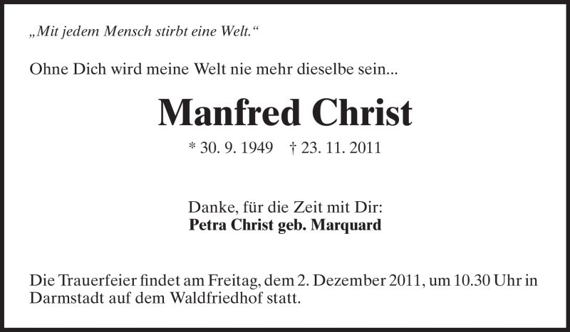  Traueranzeige für Manfred Christ vom 30.11.2011 aus Echo-Zeitungen (Gesamtausgabe)