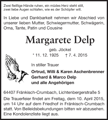 Traueranzeige von Margarete Delp von Odenwälder Echo