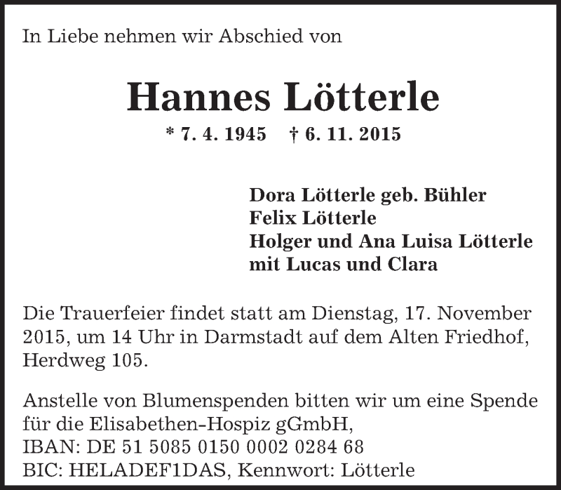  Traueranzeige für Hannes Lötterle vom 14.11.2015 aus trauer.echo-online.de