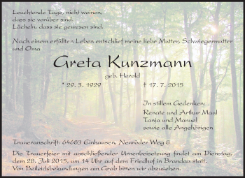 Traueranzeige von Greta Kunzmann von Echo-Zeitungen (Gesamtausgabe)