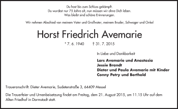 Traueranzeige von Horst Friedrich Avemarie von trauer.echo-online.de
