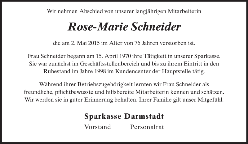  Traueranzeige für Rose-Marie Schneider vom 09.05.2015 aus Echo-Zeitungen (Gesamtausgabe)