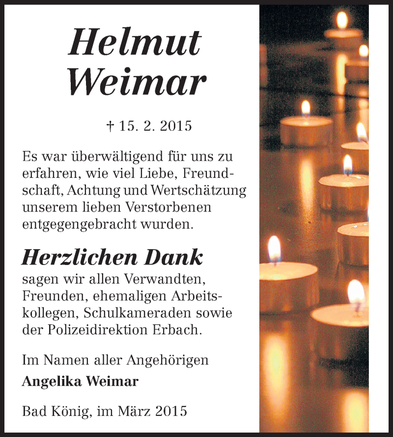  Traueranzeige für Helmut Weimar vom 28.03.2015 aus Odenwälder Echo