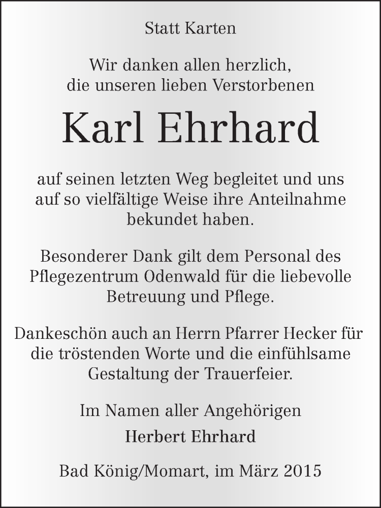  Traueranzeige für Karl Ehrhard vom 07.03.2015 aus Odenwälder Echo